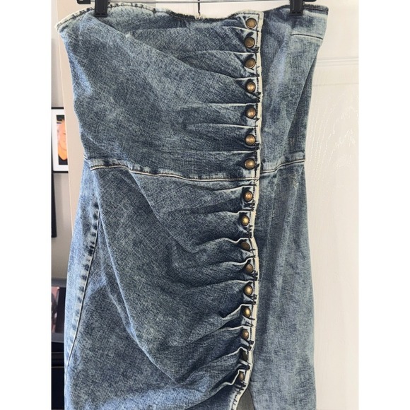 Retroféte Denim Mini Dress Strapless‎ Button Front Slit Acid Wash XL - Picture 7 of 12